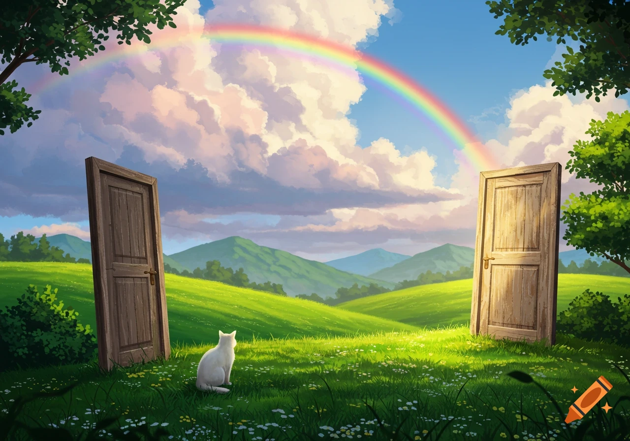 A white cat sits in a vibrant green field, facing two wooden doors under a rainbow in a blue sky with rolling hills.
