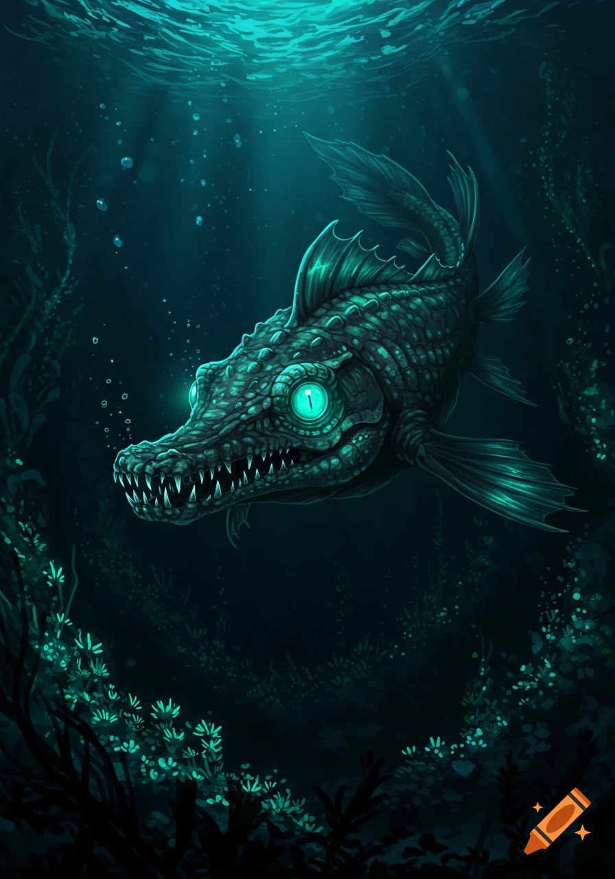 A dark green, scaly, crocodile-faced alien fish with glowing teal eyes swims in deep murky water among bioluminescent plants. Illustration.