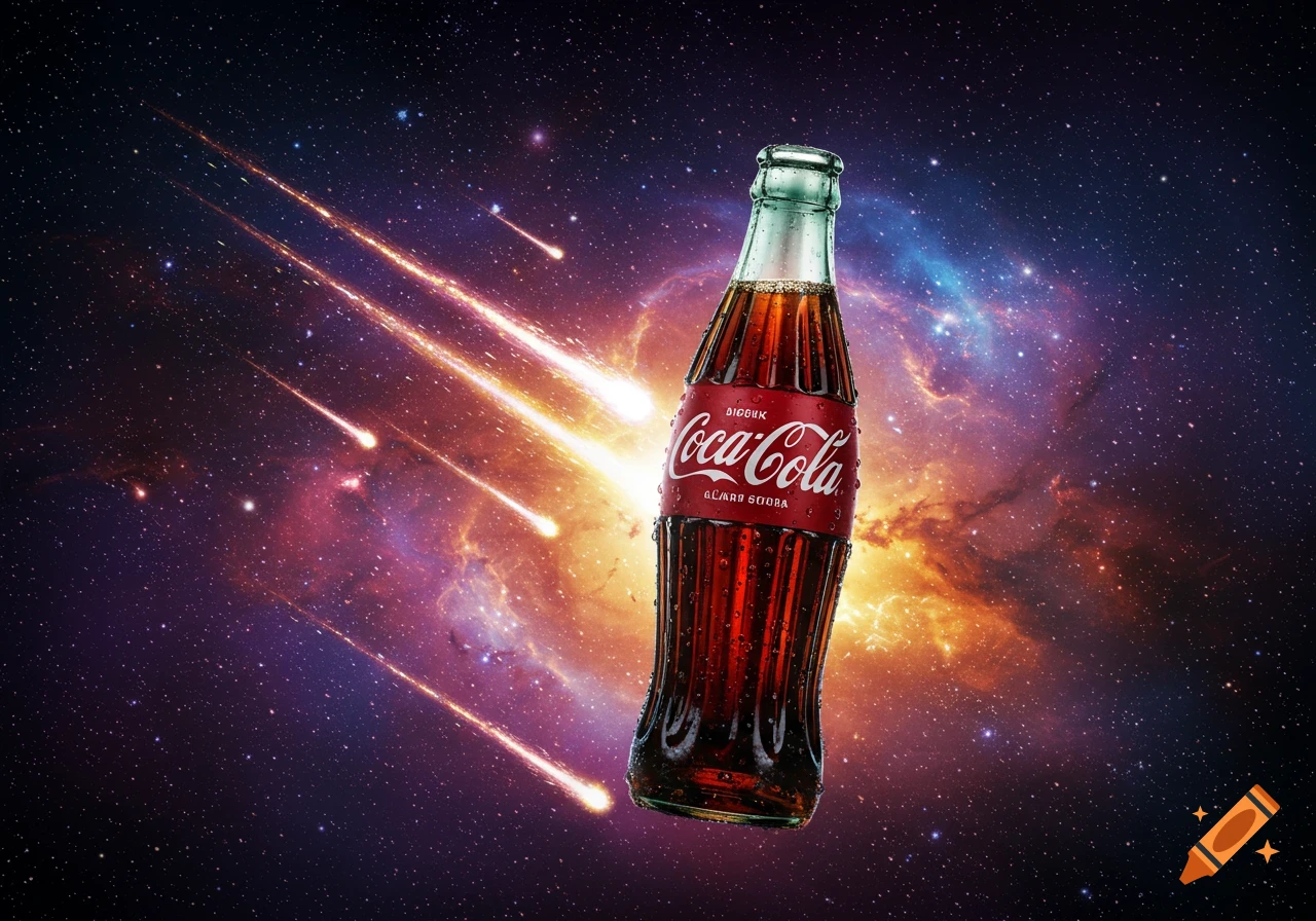 A Coca-Cola bottle floats in outer space with bright meteors streaking across a colorful nebula background.