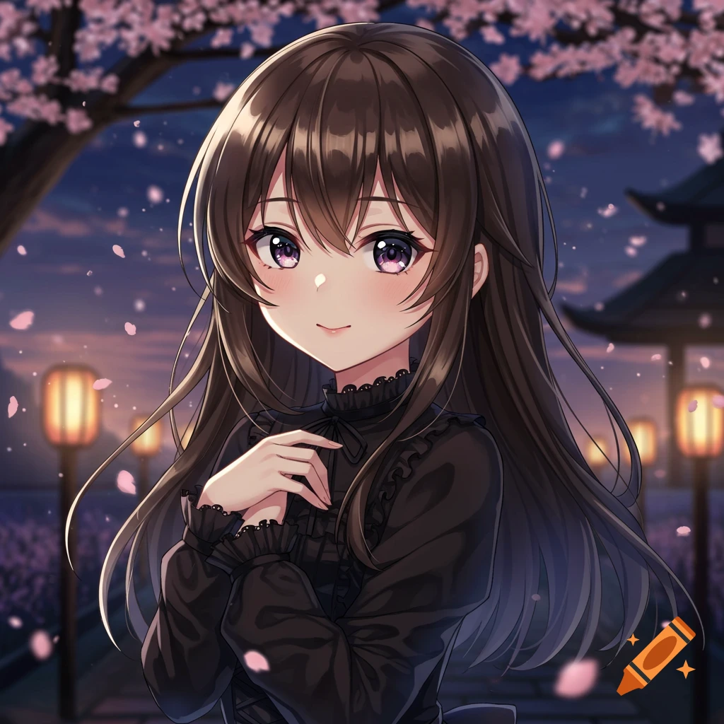 Smiling anime girl with long brown hair, purple eyes, wearing a black dress, standing under a cherry blossom tree with lanterns.