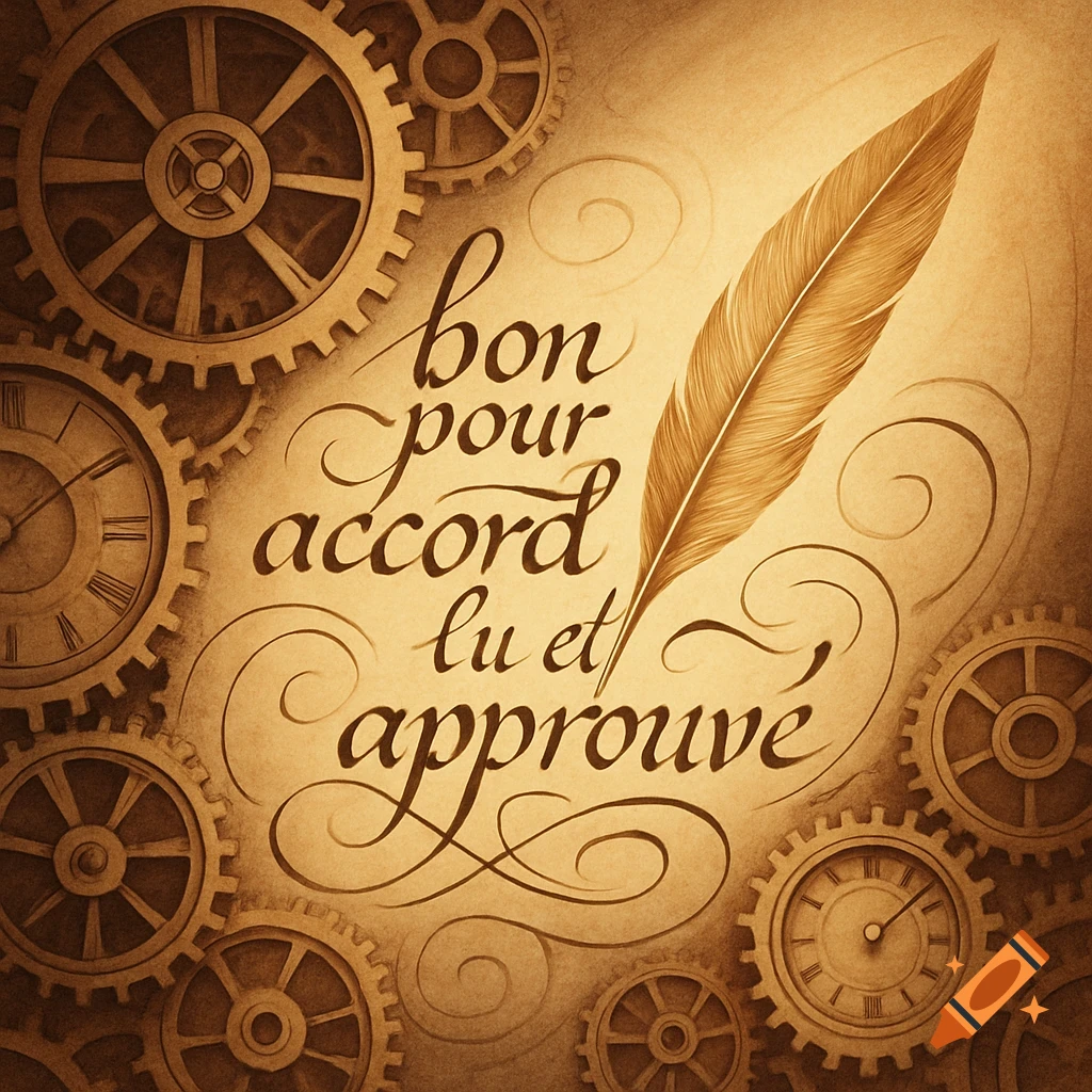 Vintage calligraphy 'bon pour accord lu et approuv' with a quill pen and steampunk gears on textured parchment.