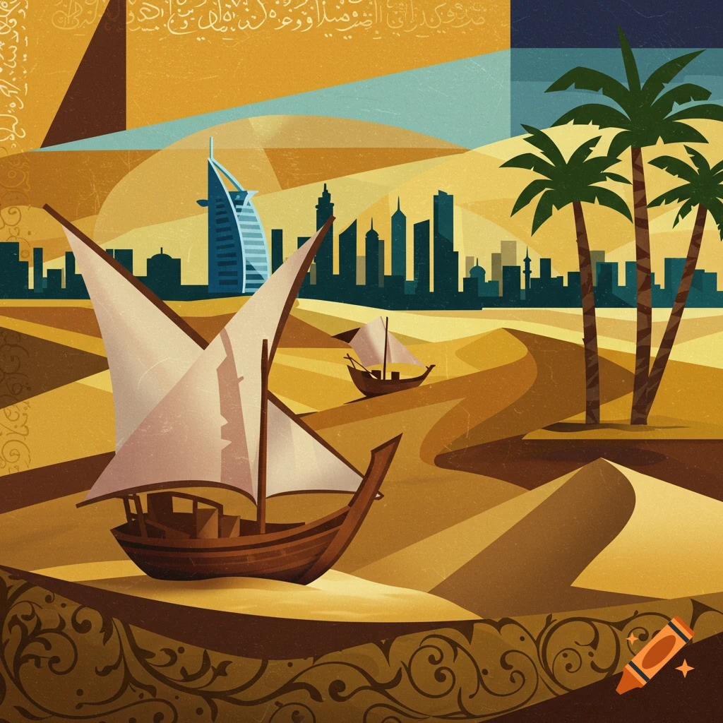 Cubist graphic art depicting traditional boats on sand dunes, palm trees, and a modern cityscape, symbolizing Emirati culture.