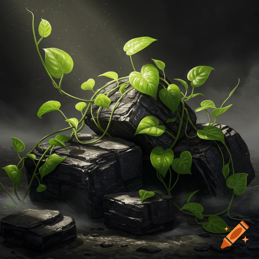 Vibrant green vining plants grow over dark, craggy rocks in a dramatically lit, misty setting.