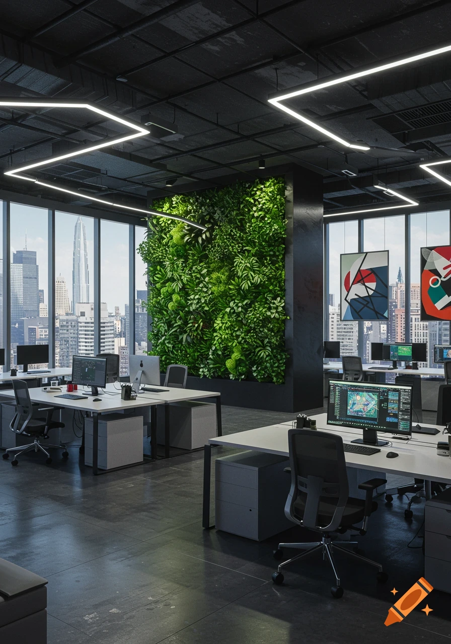 Modern office interior with desks, chairs, large windows revealing a city skyline, and a prominent vertical green plant wall.