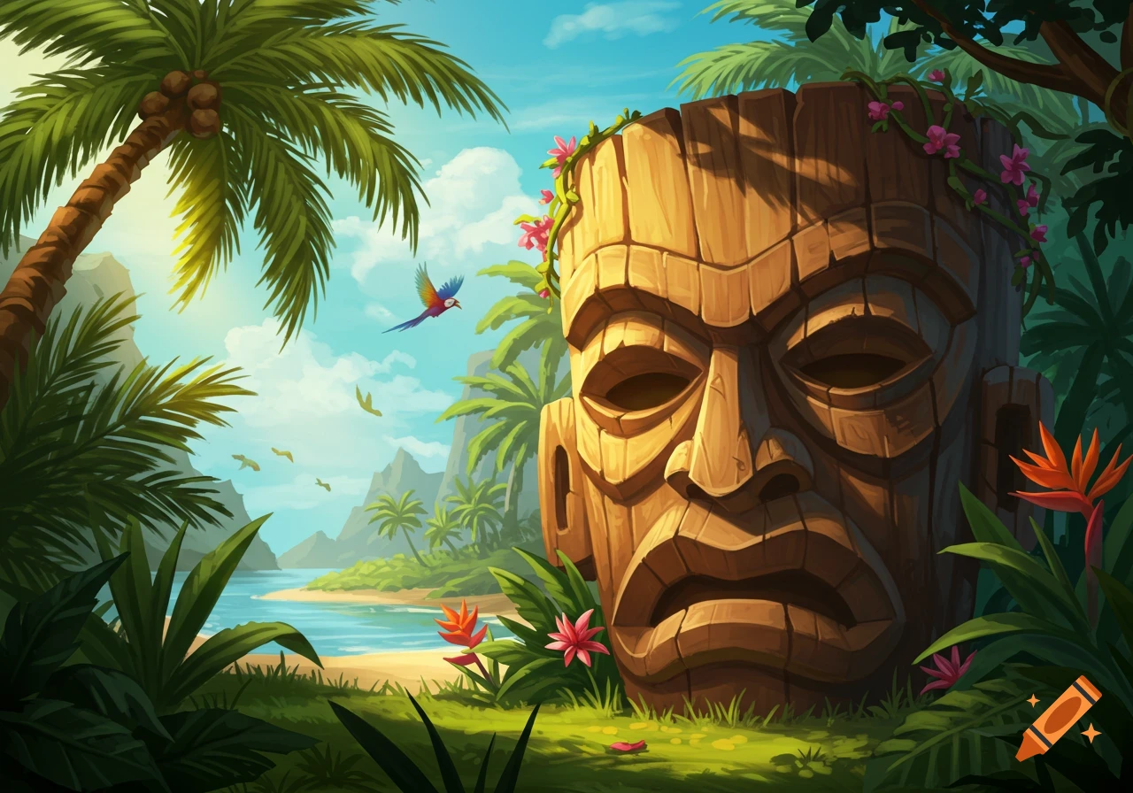 A vibrant illustration of a wooden tiki mask amidst lush tropical foliage, palm trees, a sandy beach, and a clear blue sky.