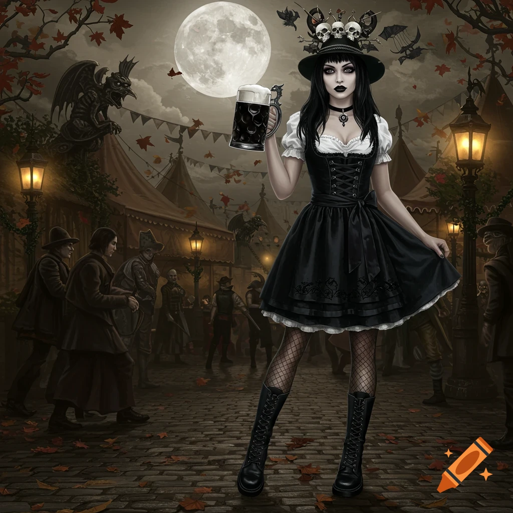 A gothic woman in a black dress holds a beer stein in a dark, festive outdoor market under a full moon.