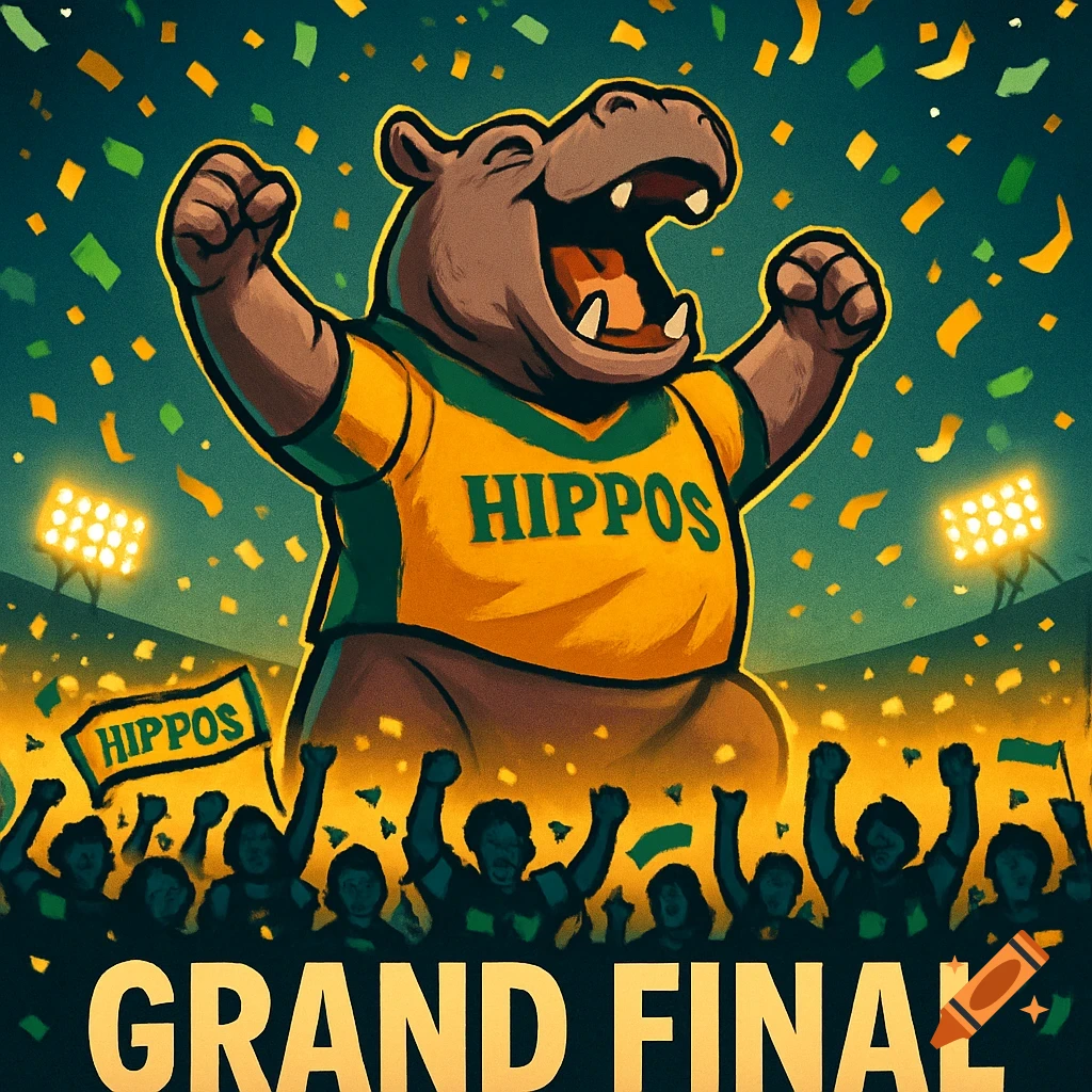A vibrant cartoon of a hippo mascot in a 'HIPPOS' jersey cheering in a stadium with a celebrating crowd and confetti, with 'GRAND FINAL' at the bottom.