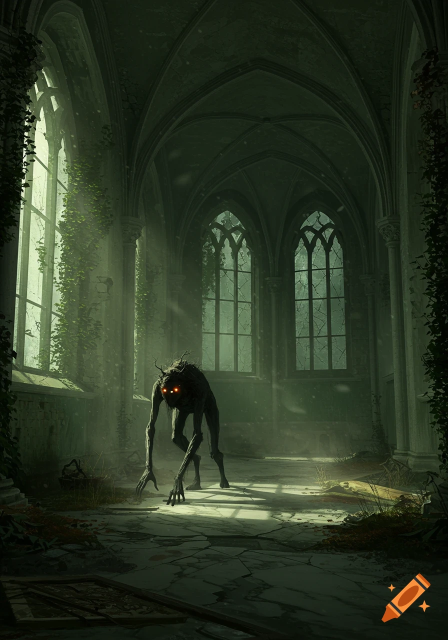 A gaunt, dark monster with glowing red eyes stands in the misty, ruined interior of a gothic monastery.