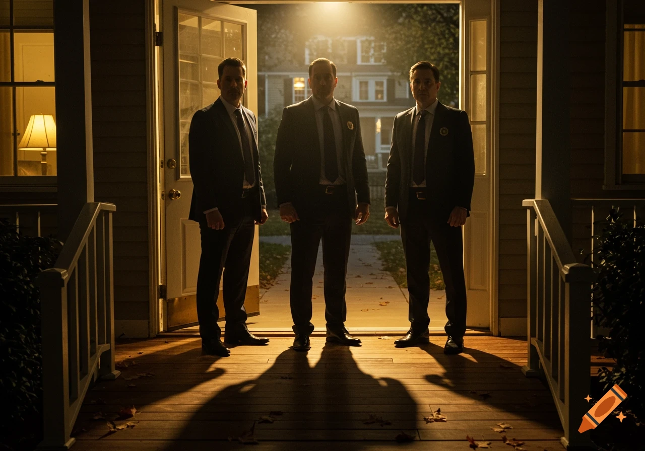Three men in dark suits stand in the open doorway of a suburban house at night, lit from behind.