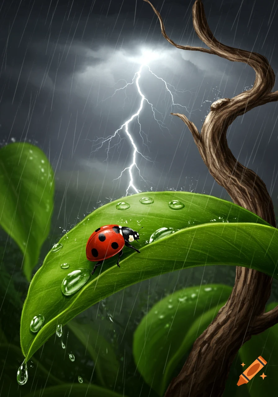 A ladybug on a wet green leaf with water droplets during a thunderstorm, with lightning striking in the dark sky and a tree branch.