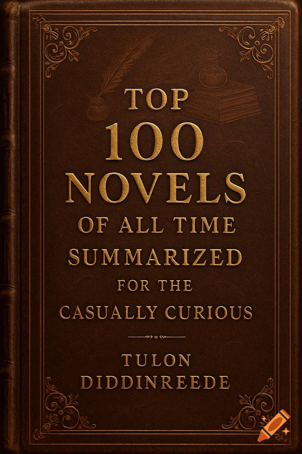A brown leather-bound book cover with ornate gold borders. The title 'TOP 100 NOVELS OF ALL TIME SUMMARIZED FOR THE CASUALLY CURIOUS' and author 'TULON DIDDINREEDE' are embossed in gold lettering. Faint images of a quill, inkwell, and stack of books appear in the background.