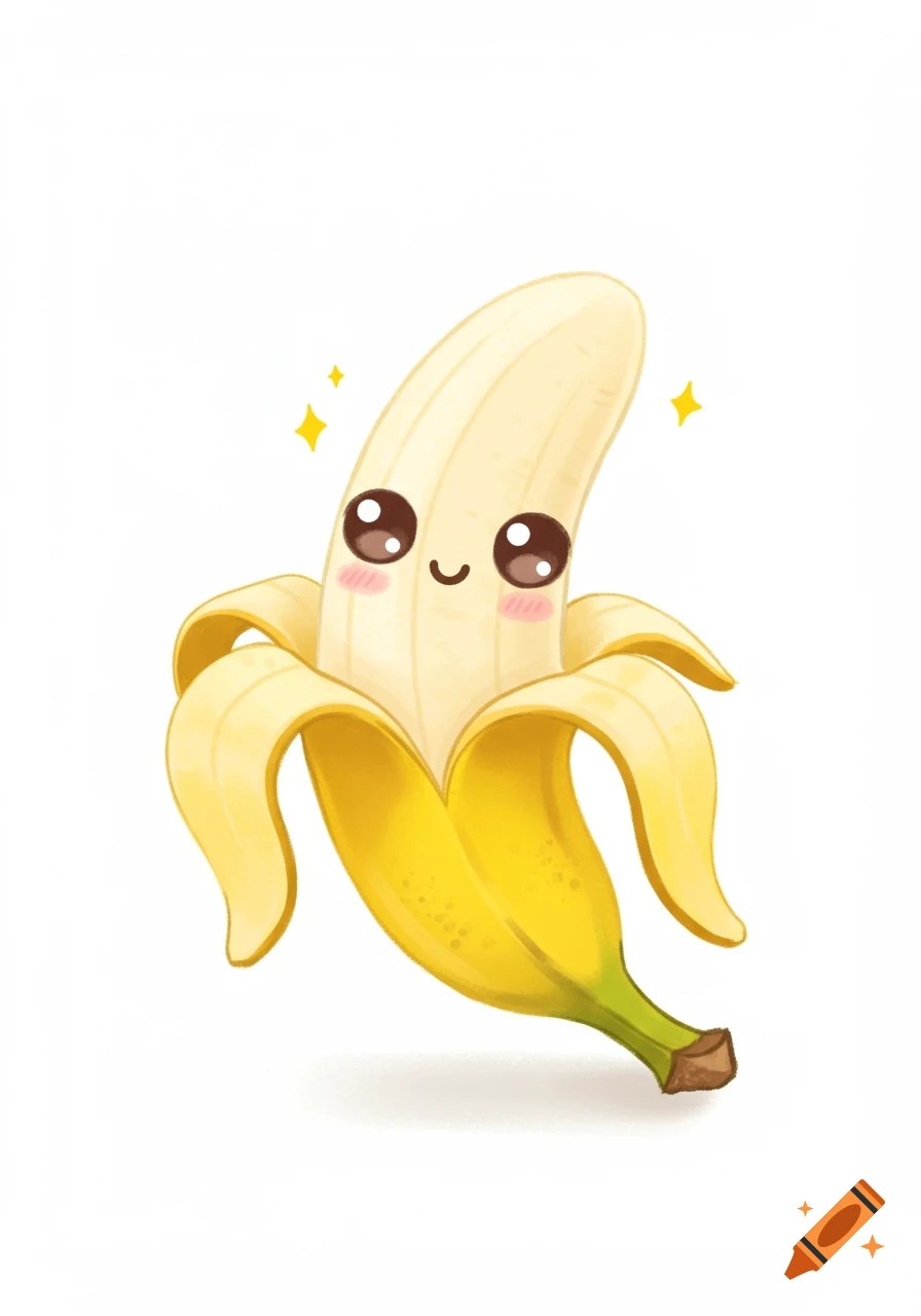 Cute, partly peeled banana illustration with a smiling face, big brown eyes, and rosy cheeks on a white background.