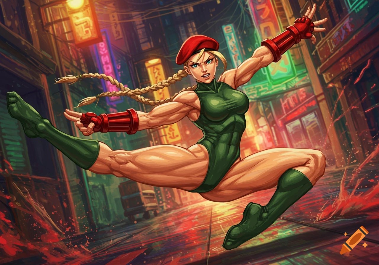 Cammy from Street Fighter mid-air, performing a split kick in a neon-lit city street at night, in a dynamic anime art style.