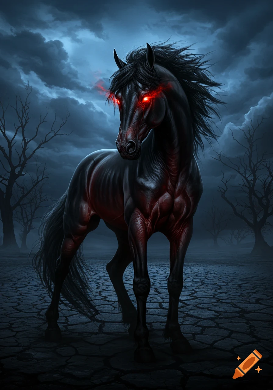 A terrifying black horse with glowing red eyes and red muscle details stands on cracked earth under a stormy, dark blue sky. Dark fantasy.