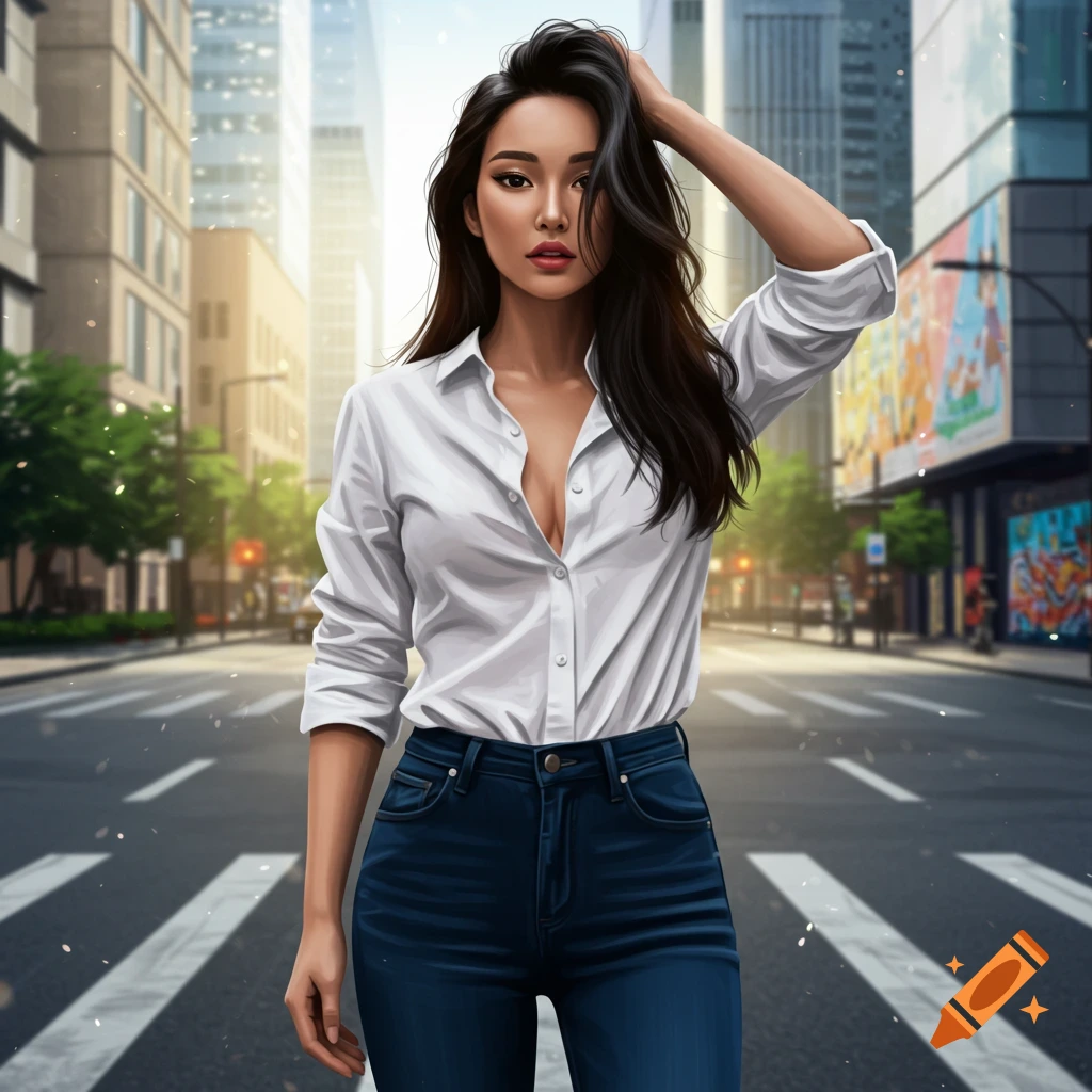 A stylish Asian woman with long dark hair, wearing a white button-up shirt and dark jeans, stands in the middle of a city street with tall buildings.