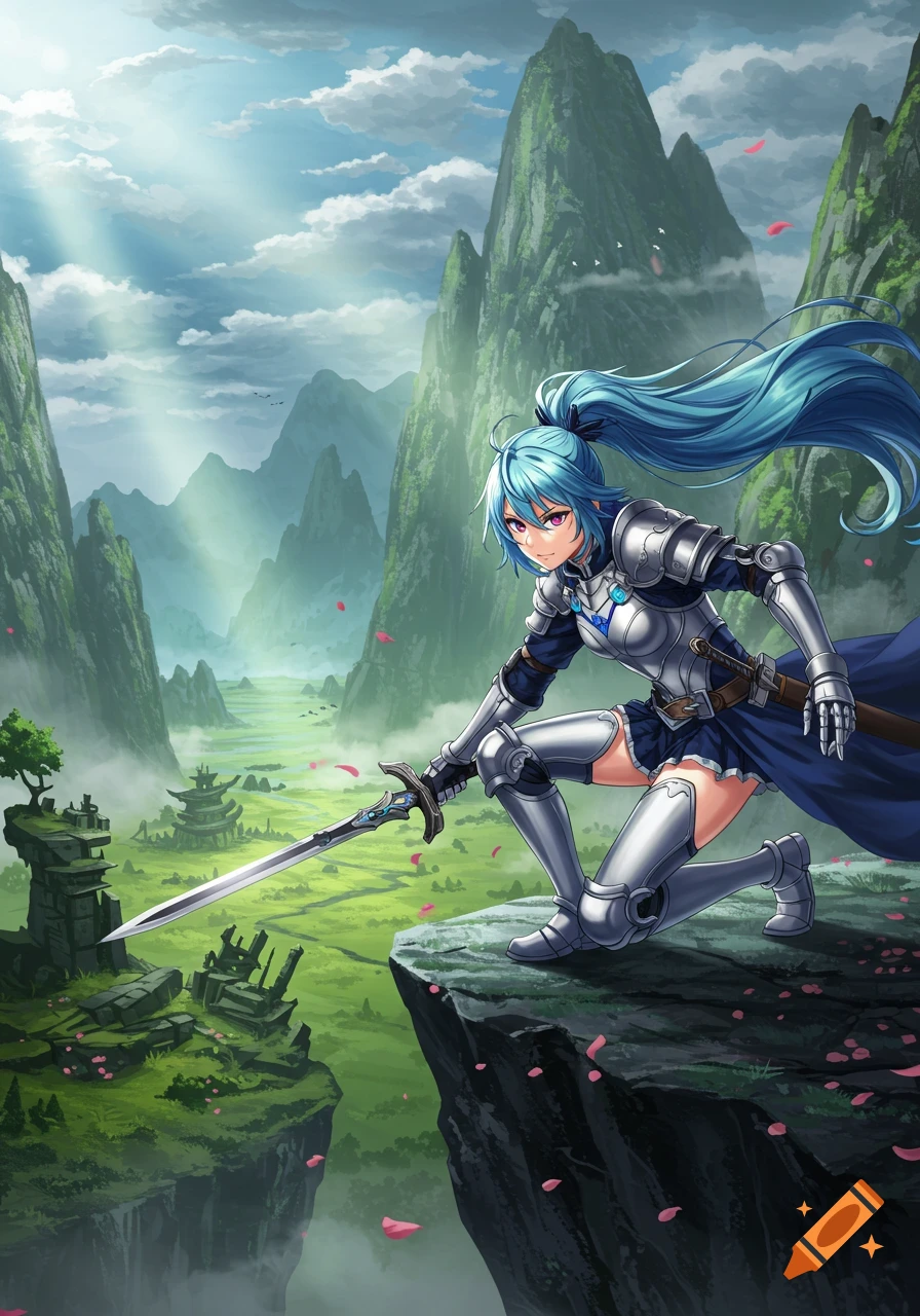 An anime warrior girl with blue hair in armor kneels on a cliff edge, holding a sword, overlooking a fantasy valley.