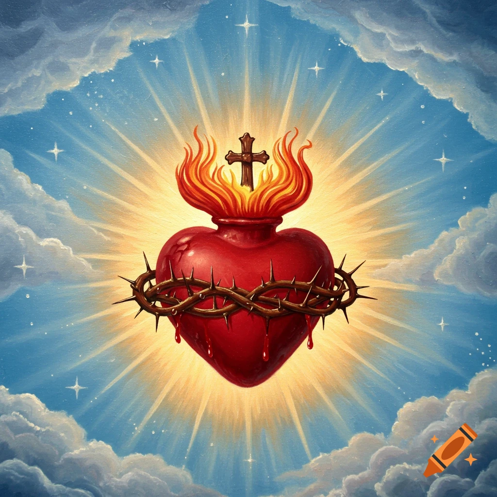 A stylized sacred heart, with thorns, flames, and a cross, radiating light against a cloudy blue sky.