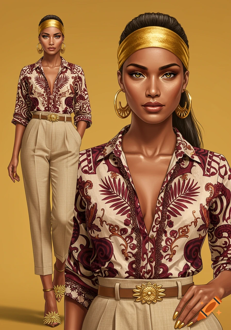Digital illustration of a woman with a gold headband, patterned blouse, beige pants, and gold heels, against a solid gold background.