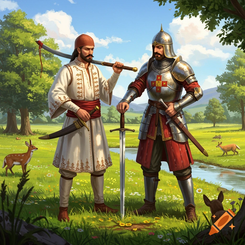 Two warriors, one in white tunic and one in full plate armor, stand in a lush green meadow with a stream and deer in the background. Both carry swords.