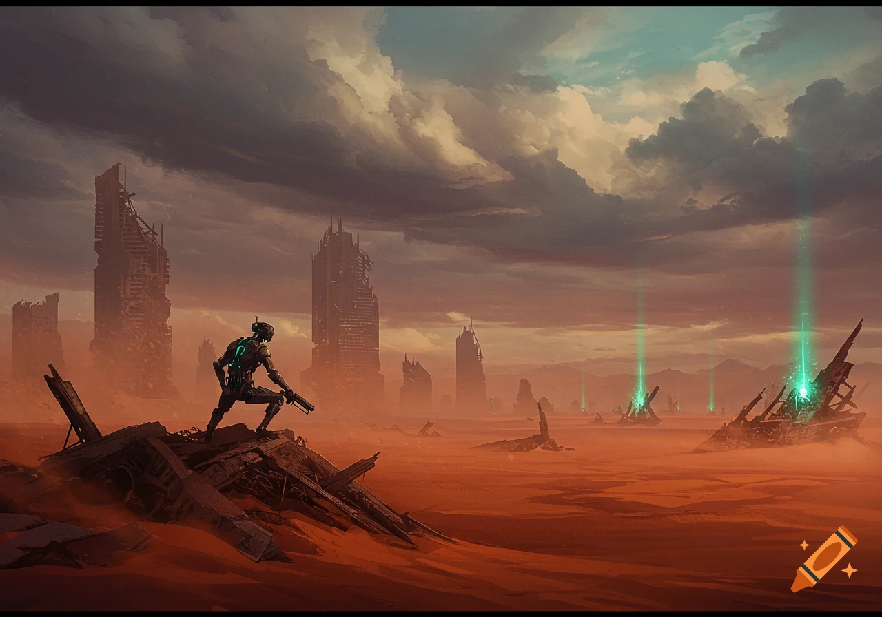 A lone futuristic soldier stands on debris in a desolate red desert wasteland with ruined buildings and green light beams.