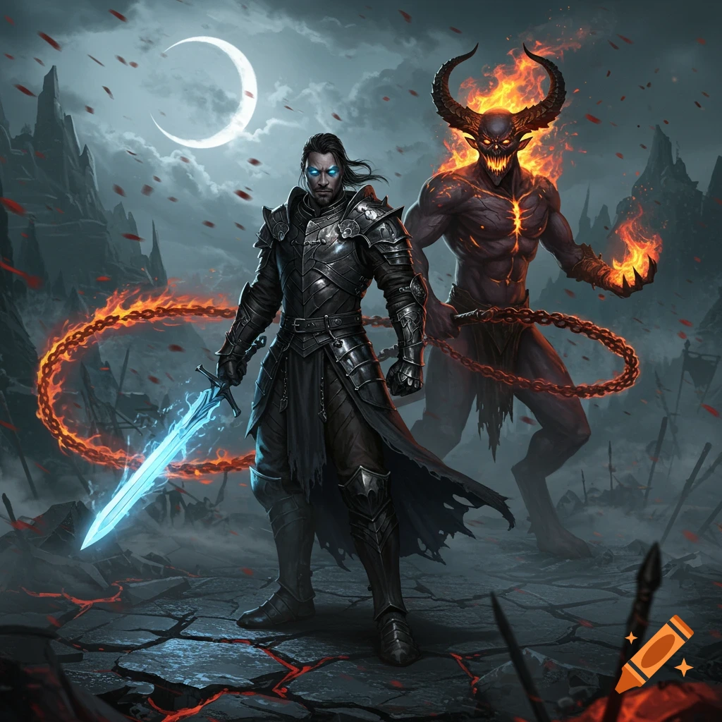 A dark warrior in black armor with a glowing blue sword and a fiery horned demon with a flaming chain whip stand in a dark, rocky landscape under a crescent moon. Digital art.