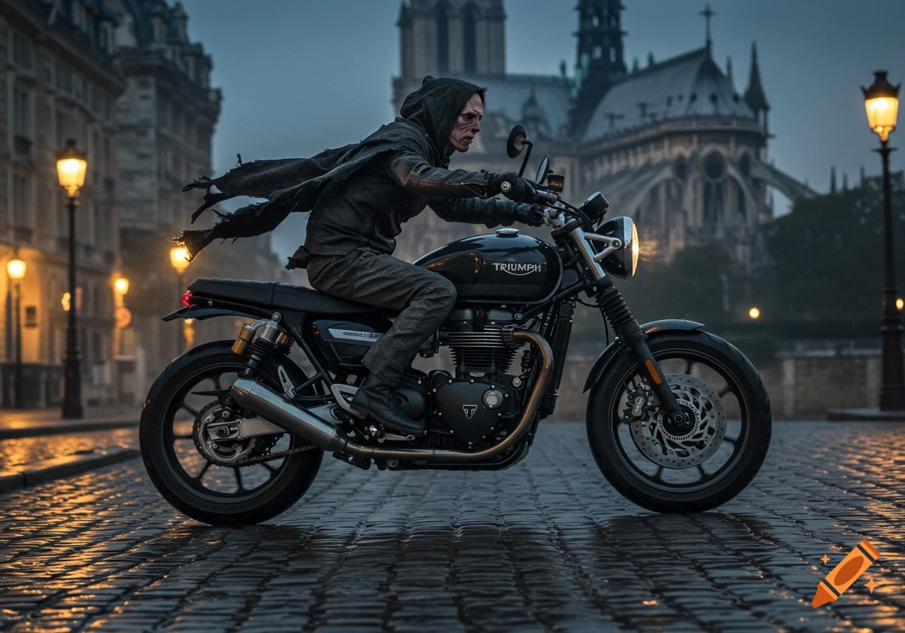 A gaunt, cloaked figure rides a black Triumph motorcycle on wet cobblestones at dusk. Notre Dame Cathedral is in the misty background, with warm lantern light.