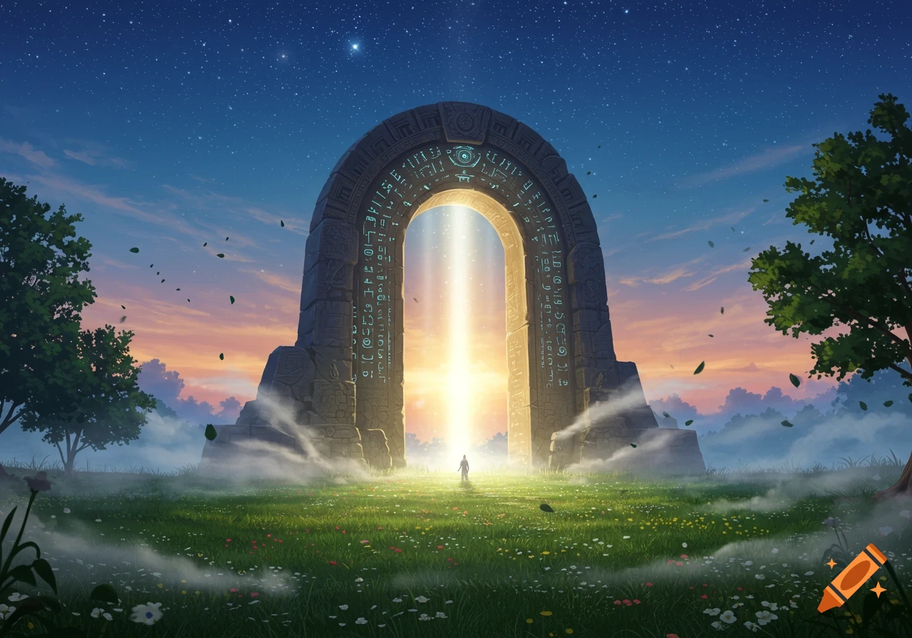 A glowing ancient stone archway stands in a vibrant green field under a star-filled sunset sky, with a lone figure walking towards the light.