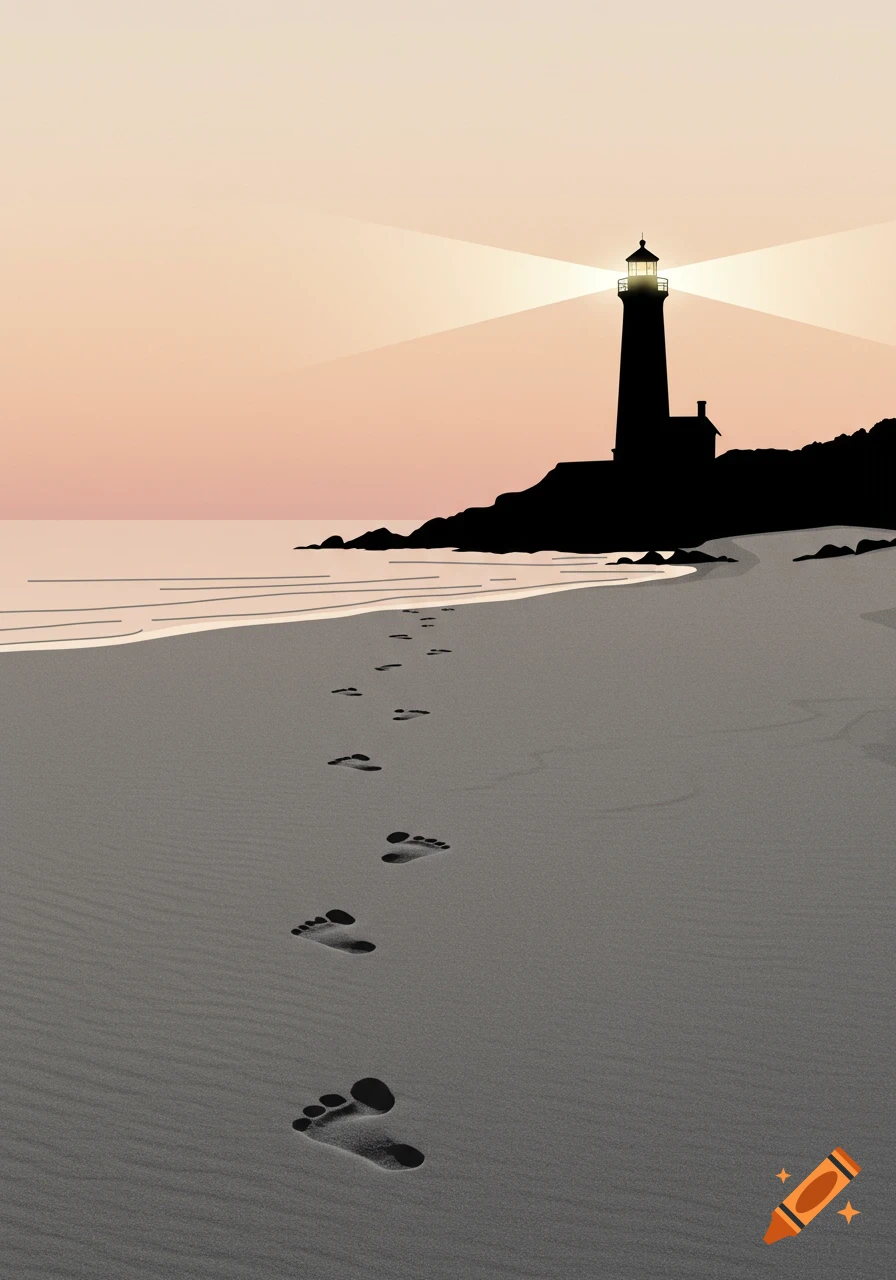 Minimalist illustration of footprints on a sandy beach leading to a silhouetted lighthouse with a light beam at sunset.