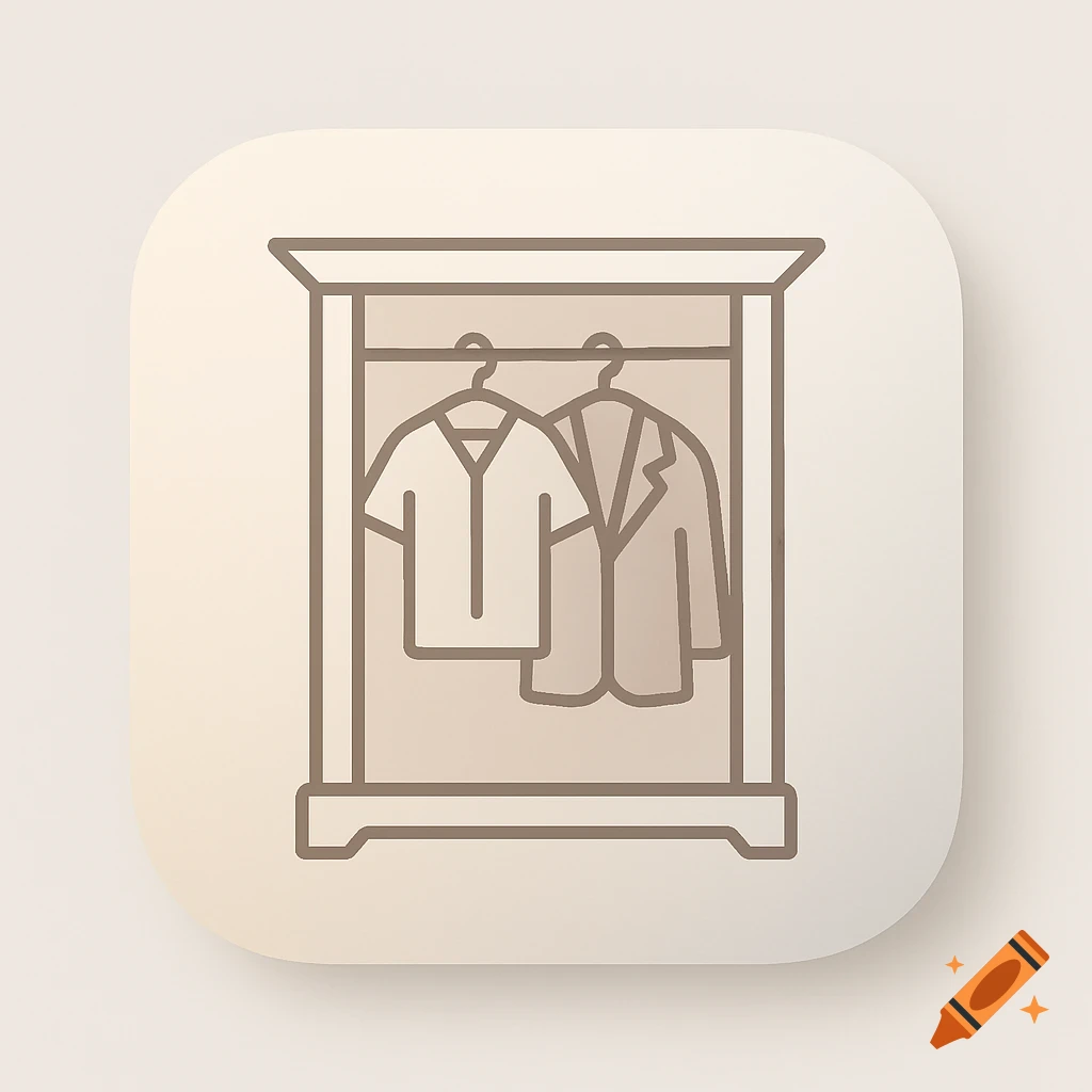 Sleek, minimal app icon of a closet with a shirt and jacket on hangers, in neutral beige tones.
