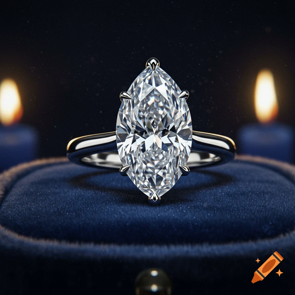 Close-up of a marquise-cut diamond engagement ring on a blue velvet ring box, with lit candles in the background. Photorealistic style.