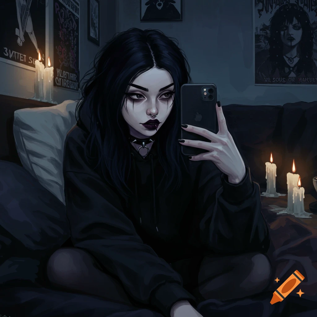 A stylized digital art portrait of a goth woman with dark hair and makeup, holding a phone for a selfie in a dimly lit room with candles and band posters.