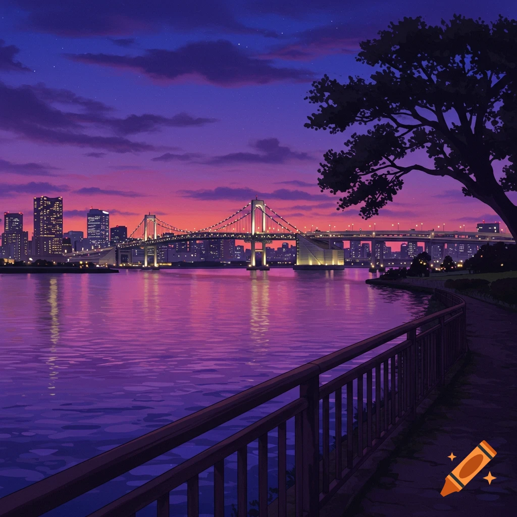 Anime cityscape at dusk with a bridge, glowing buildings, and a tree silhouette against a purple and pink sky.
