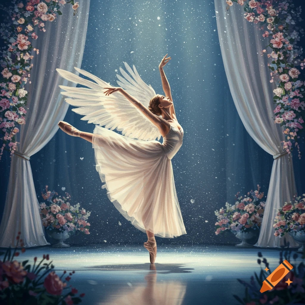 A winged ballerina in a white tutu dances en pointe on a stage with flowered curtains and a spotlight.