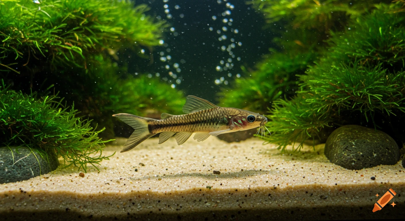 Photorealistic image of an otocinclus catfish swimming in a fish tank with green aquatic plants and sand.