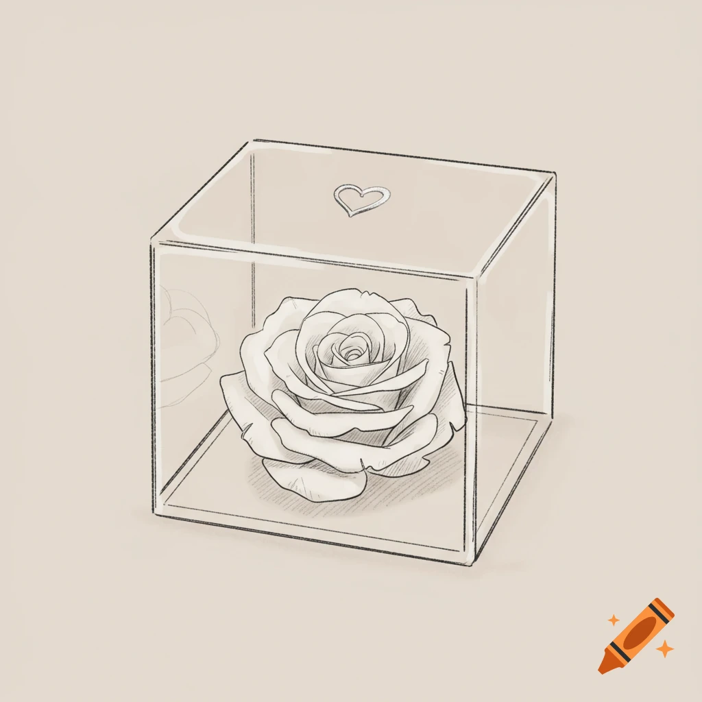 A hand-drawn illustration of a white rose in a transparent box with a small silver heart on top, against a neutral background.