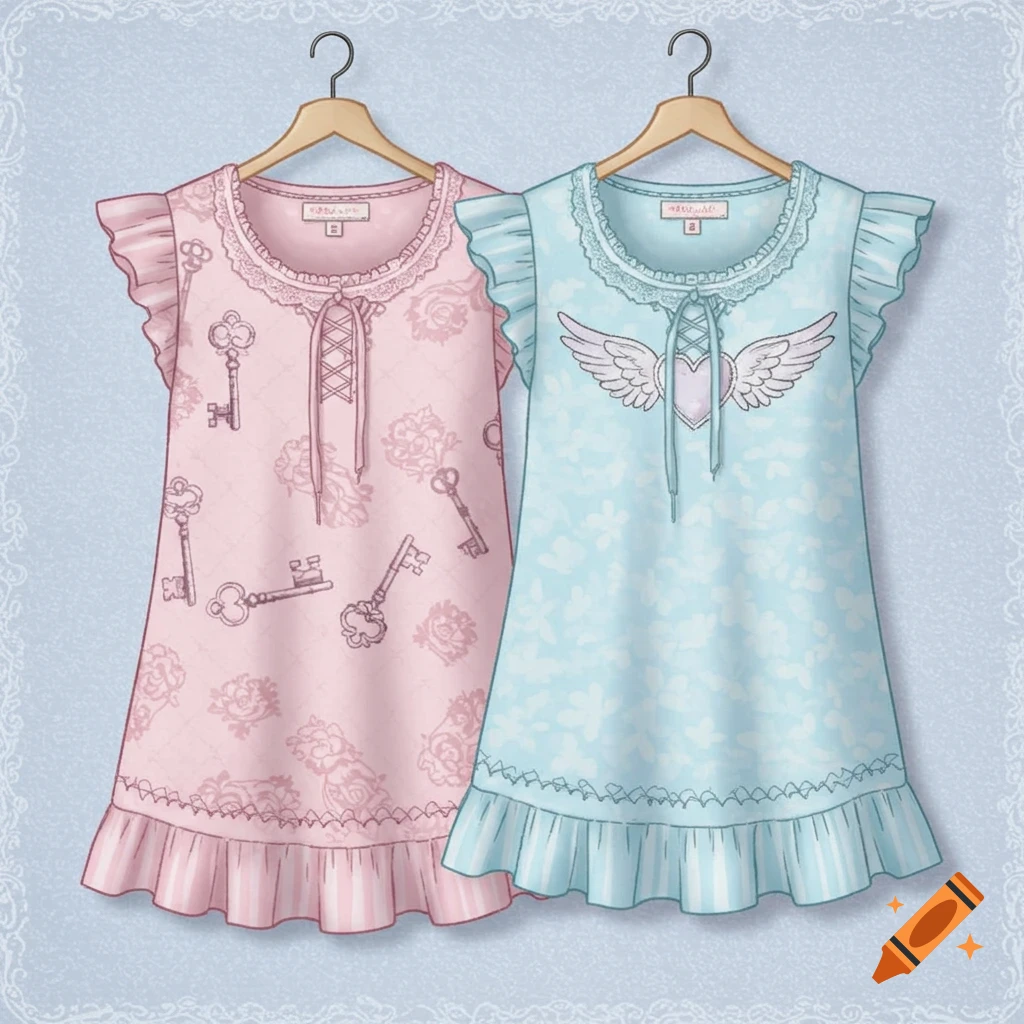 Two whimsical short-sleeved nightgowns hanging. One pink with key patterns, one light blue with a winged heart.