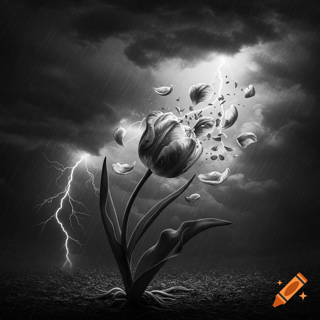 Black and white image of a tulip breaking apart in a stormy sky with lightning and rain, its roots exposed.