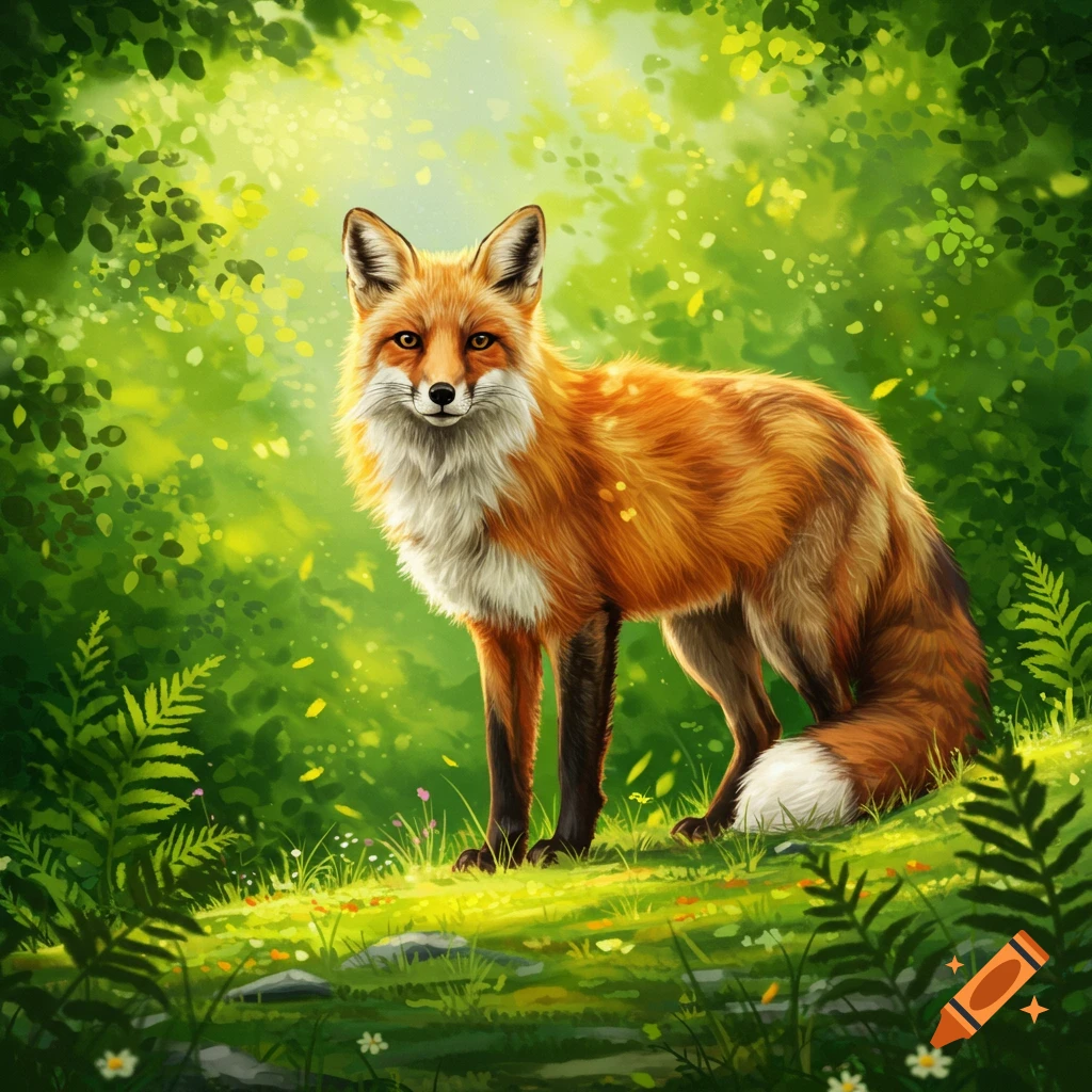 A vibrant red fox stands in a sunlit, lush green forest, looking directly forward in a detailed digital illustration.