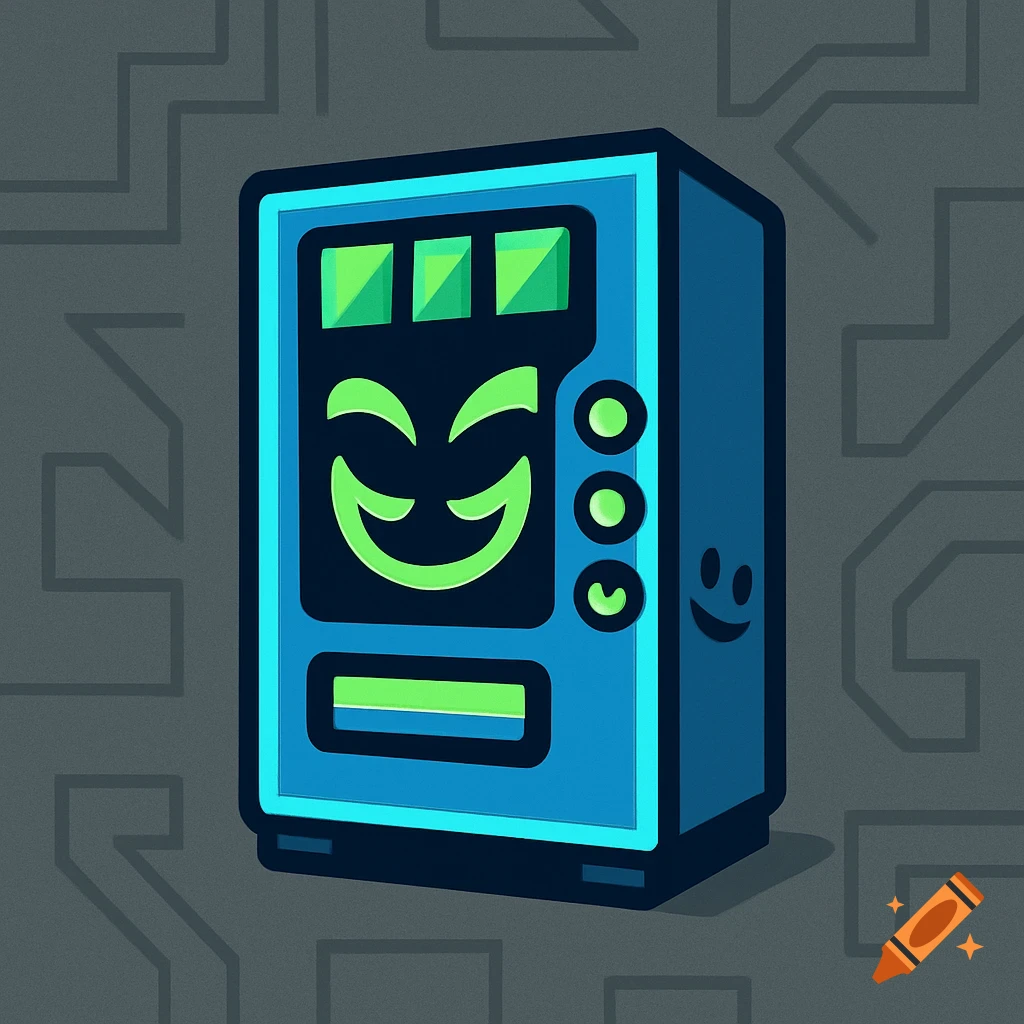 A blue stylized vending machine with a glowing green mischievous smiley face on its screen, set against a dark grey circuit board pattern.
