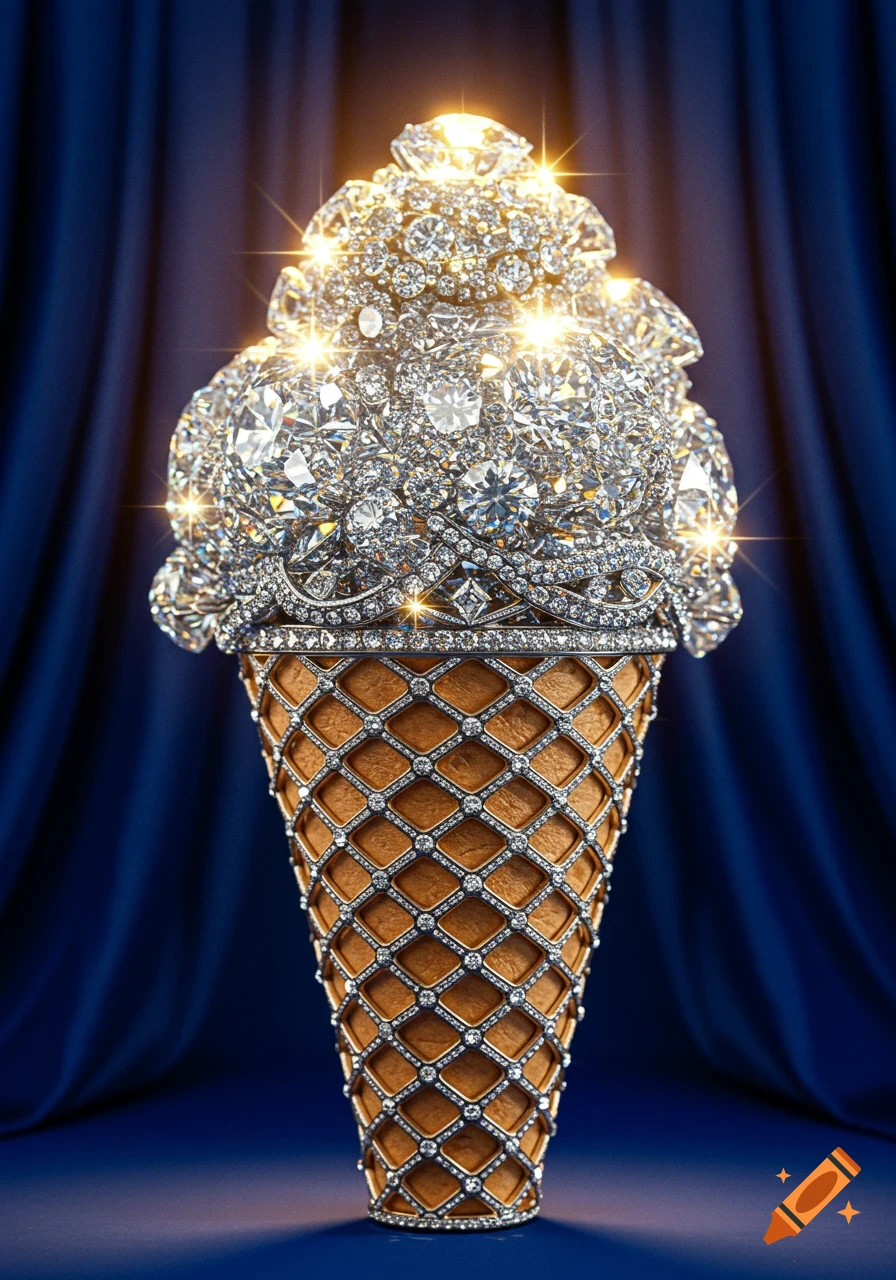 A sparkling ice cream cone made entirely of brilliant diamonds, set against a dark blue background.