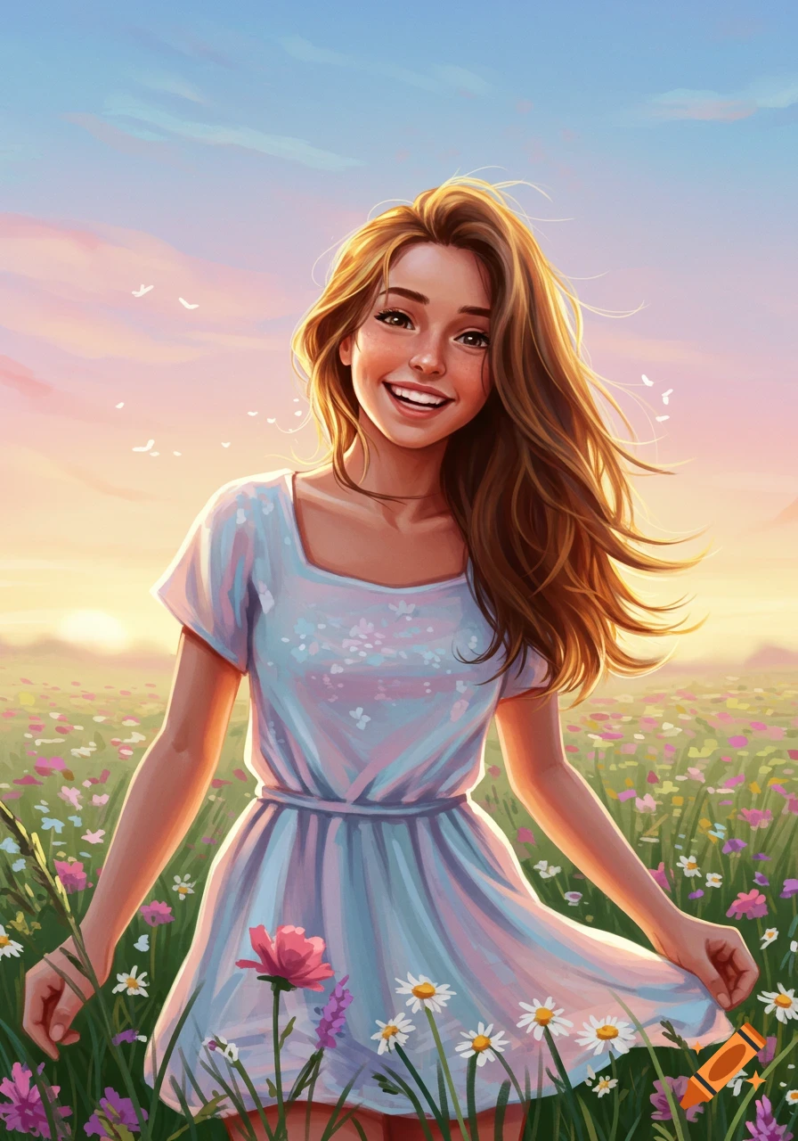 Digital art of a smiling young woman with long brown hair in a light blue dress, standing in a field of colorful wildflowers at sunset.