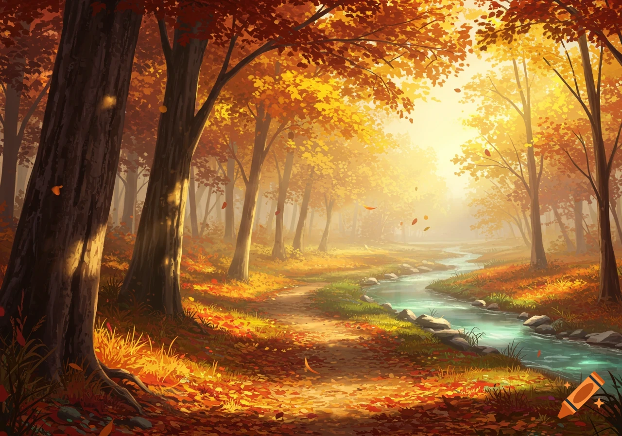Vibrant autumn forest illustration with a sunlit path and a flowing stream, orange and yellow leaves on trees and ground.