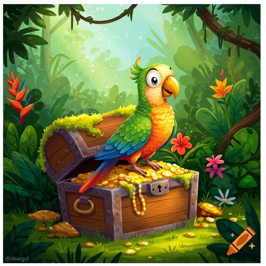 Cartoon parrot perched on an open wooden treasure chest overflowing with gold coins in a vibrant jungle setting.