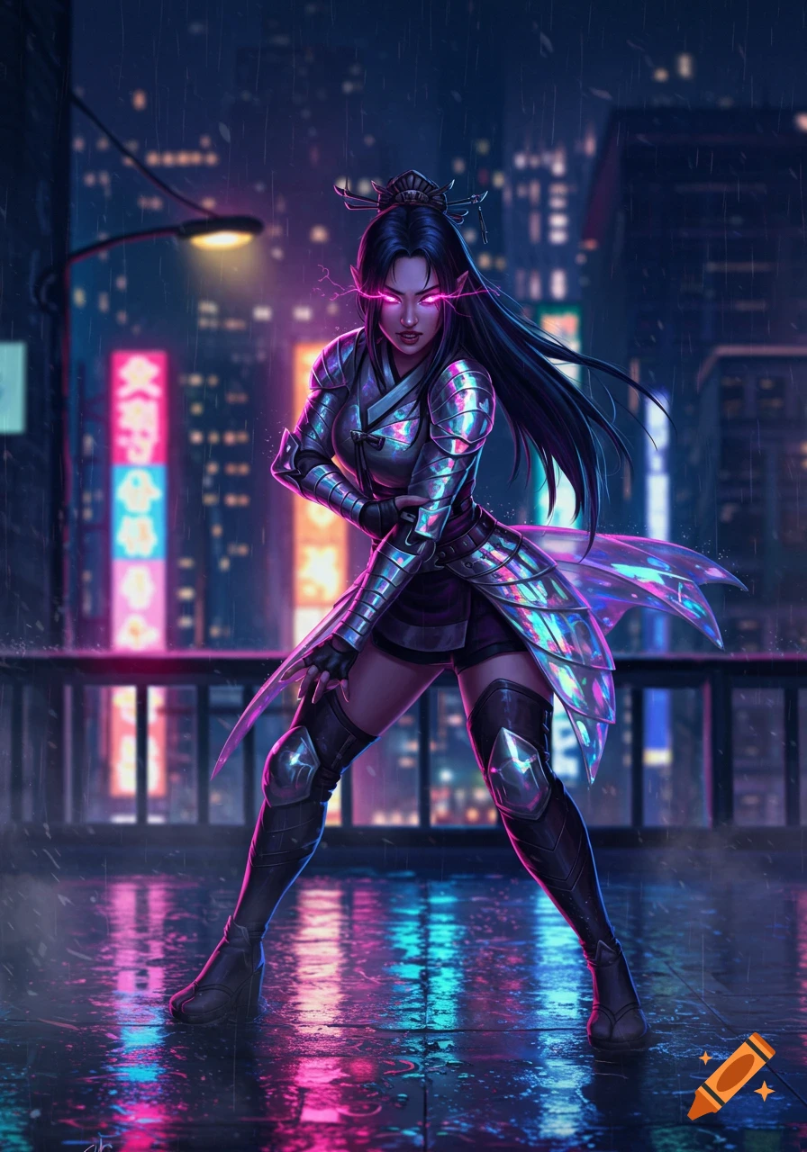 A female demon hunter with glowing pink eyes and iridescent armor stands in a rainy cyberpunk city at night.