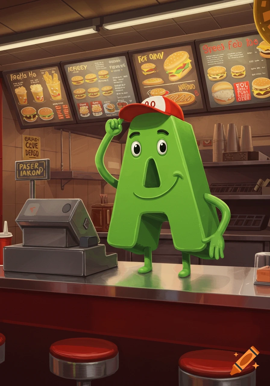 A cheerful, green, cartoon letter 'A' wearing a red and white baseball cap works behind a shiny fast food counter with menus above.