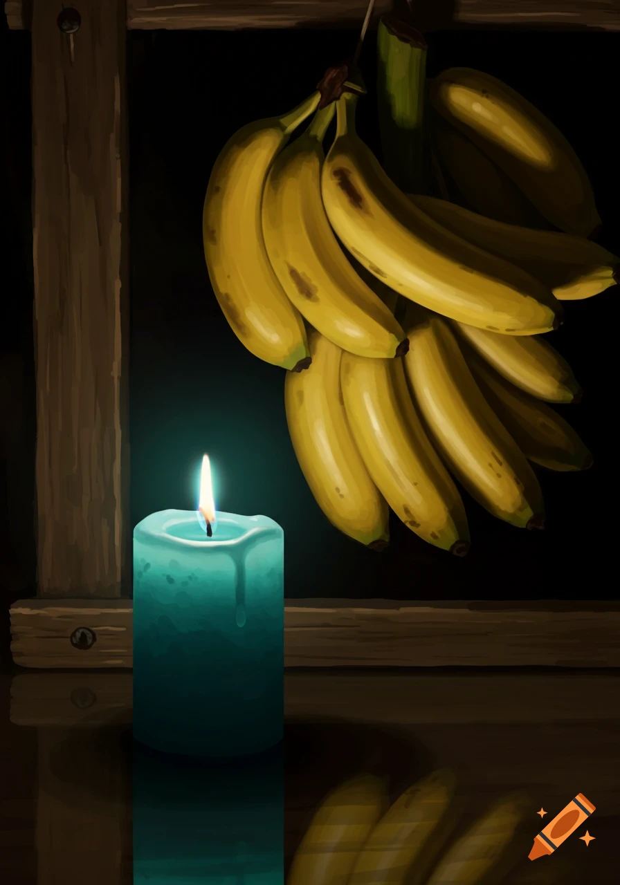 A lit teal candle on a wooden surface, with a bunch of ripe yellow bananas hanging in the dark background. Digital painting style.