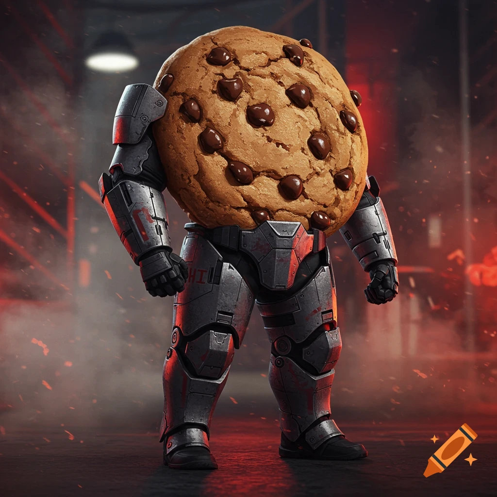 A large chocolate chip cookie with a detailed, futuristic robot body stands in a dark, red-lit industrial setting.