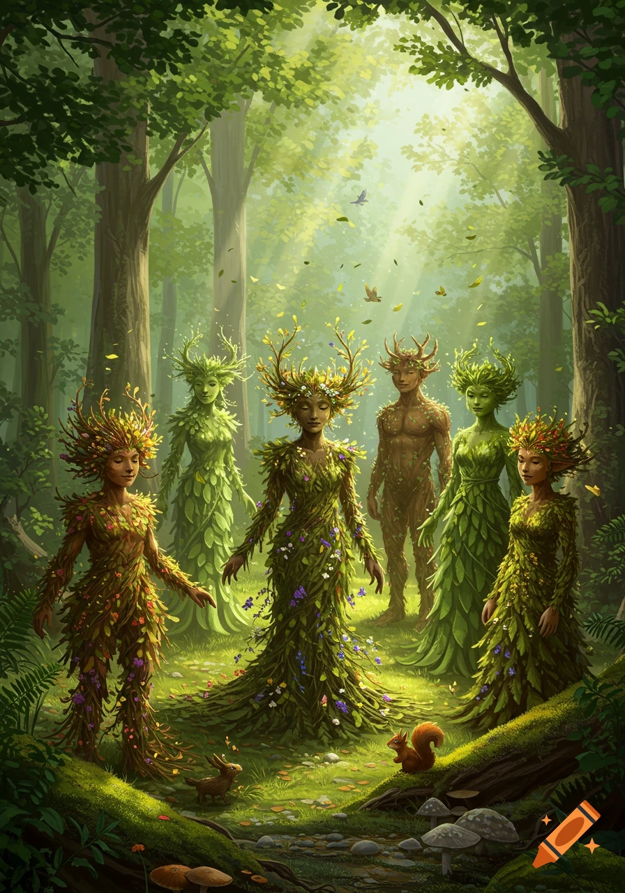 Detailed illustration of six nature spirits with foliage bodies and antlers standing in a sun-dappled forest.