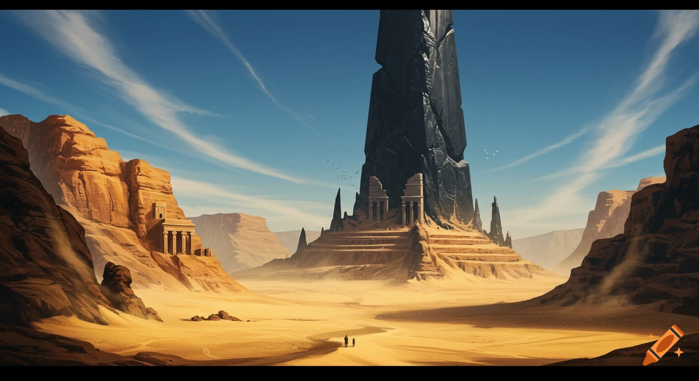 Vast desert valley with a towering black rock spire, ancient carved temples, and small figures on a path. Digital painting.