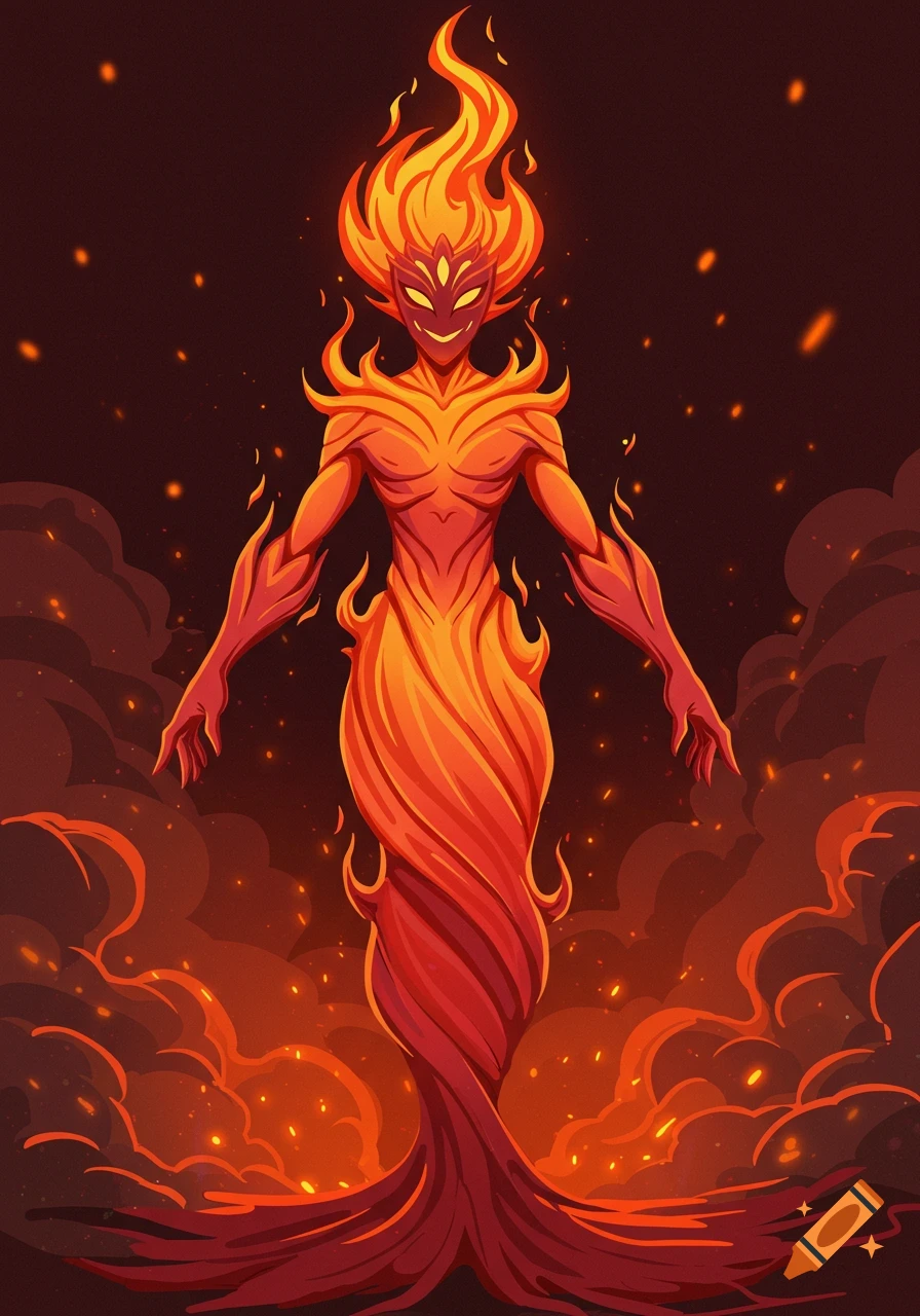 A stylized illustration of a fire god, a humanoid figure made of flames, standing amidst embers and smoke.